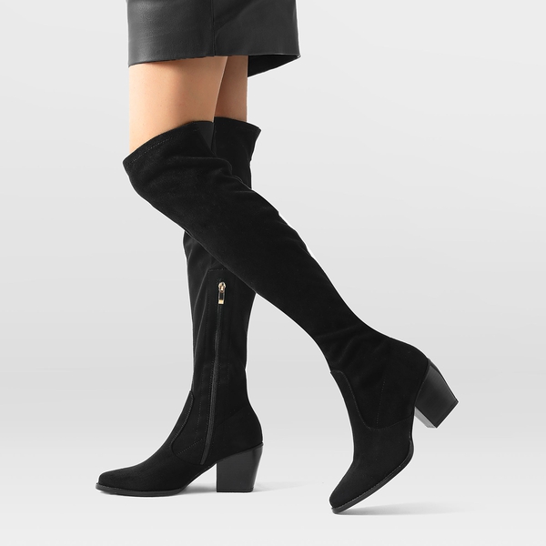 Pointed Toe Thigh High Boots - BLACK SUEDE - 1